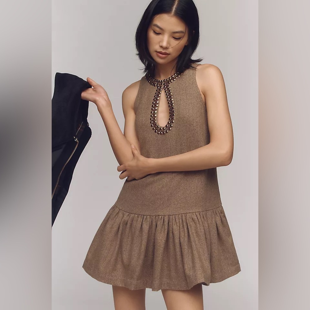 NWT ✨ Anthropologie Beaded Keyhole Sleeveless Brown Tweed Dress Small